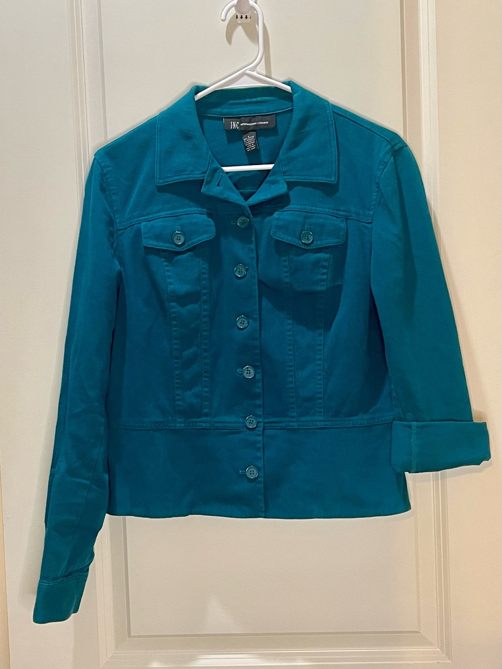Inc. Turquoise Button-Front Jean Jacket with Stretch L